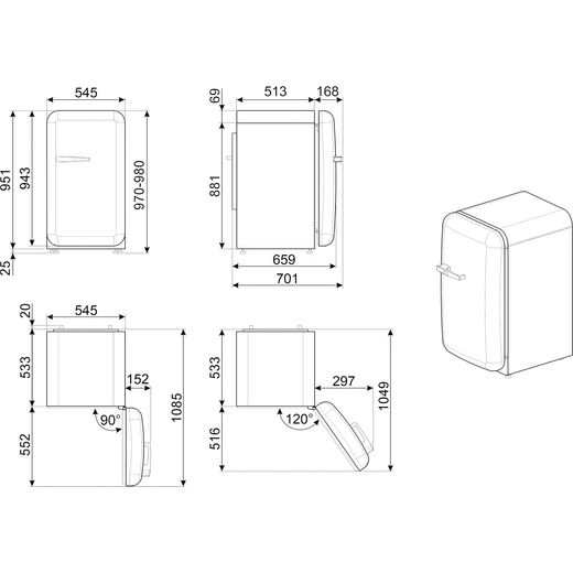 Smeg 50s Style Right Hand Hinged Home Bar FAB10HRRD6 97cm High Fridge - Red - Annotation - dimension shot