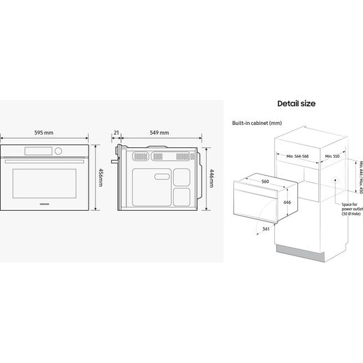 Samsung Series 4 NQ5B4513GBS 45cm High, Built In Microwave - Stainless Steel - Dimensions
