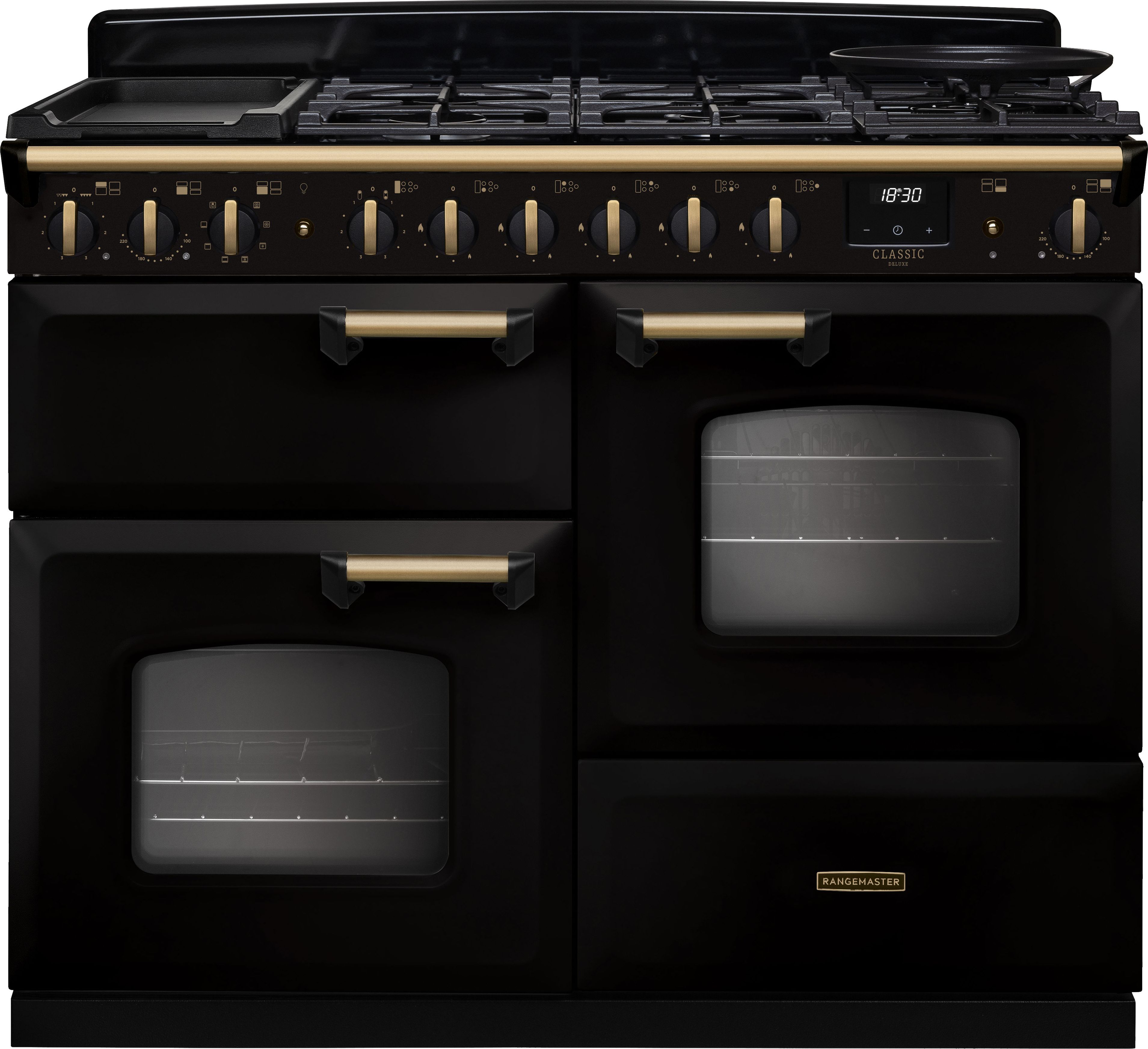 Image of Rangemaster Classic Deluxe 110 CLDLO110DFPGBL/AB1 110cm wide Dual Fuel Range Cooker with Gas Hob - Black / Antique Brass - A Rated, Black