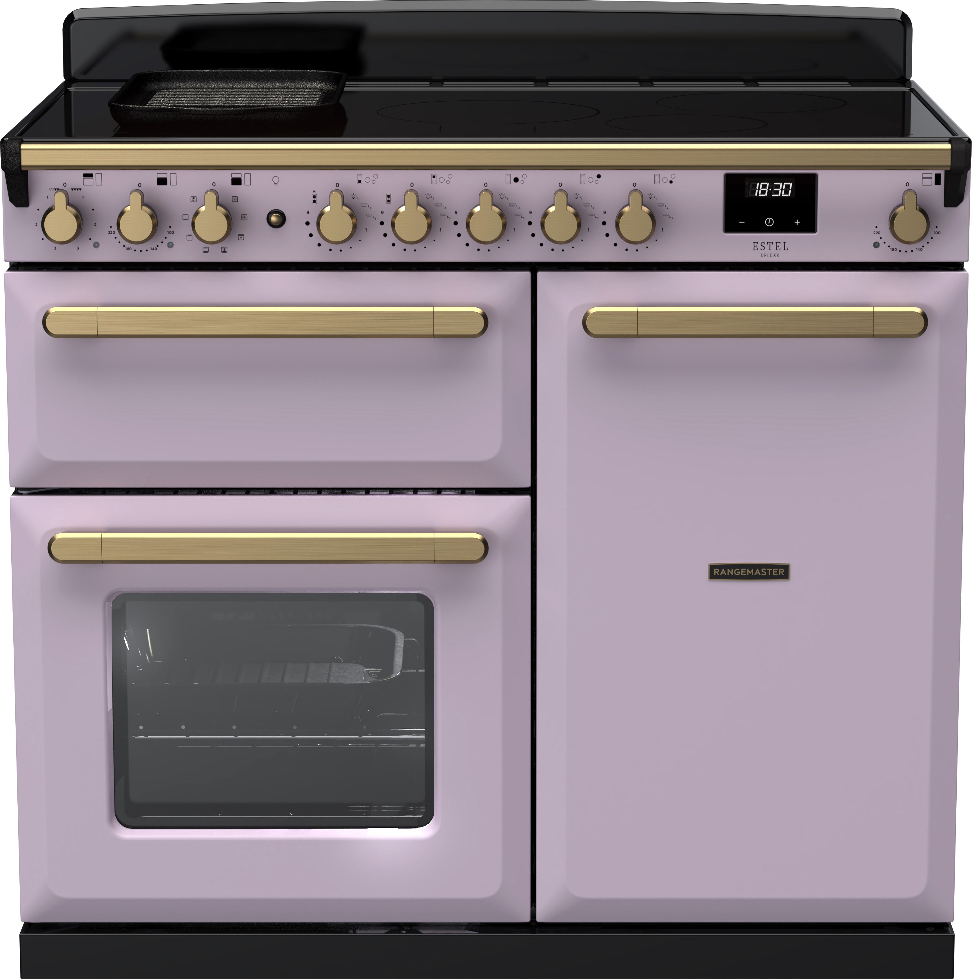 Image of Rangemaster Estel Deluxe ESDL100EIPHTH/AB1 100cm wide Electric Range Cooker with Induction Hob - Heather / Antique Brass - A/A Rated, Purple