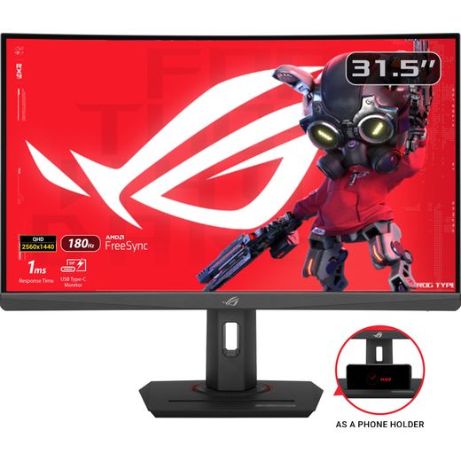 ASUS ROG Strix XG32WCS Quad HD 31.5" Gaming Monitor with AMD FreeSync - Black - Annotation - Phone holder shot