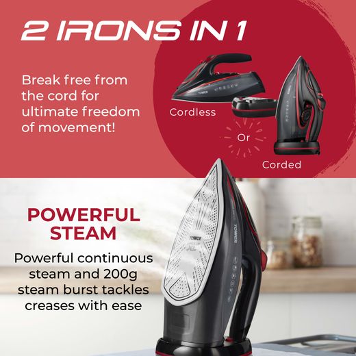 Tower CeraGlide XL Cordless T22035RED 3100 Watt Iron -Black / Red - Annotation - 2 irons in one