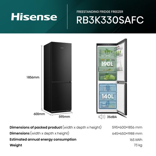 Hisense 60/40 Total No Frost Fridge Freezer - Black - Dimensions