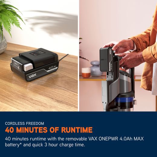 Vax Pace Cordless Vacuum Cleaner with up to 40 Minutes Run Time - Graphite / Blue - Annotation - Run time shot