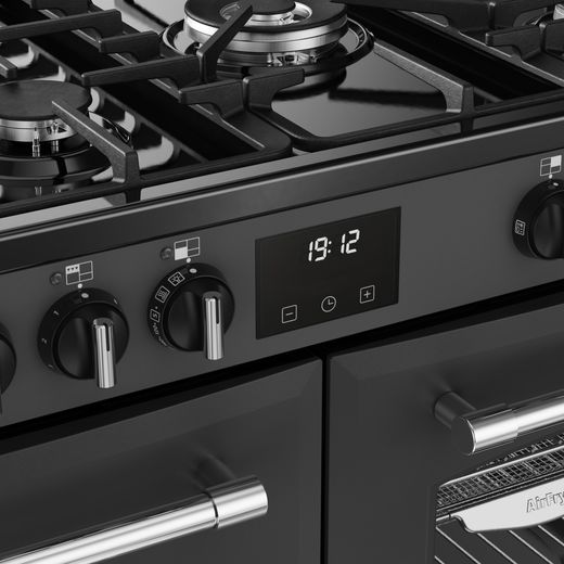 Belling FARMHOUSE 100DF Dual Fuel Range Cooker - Anthracite - Control dials and digital display