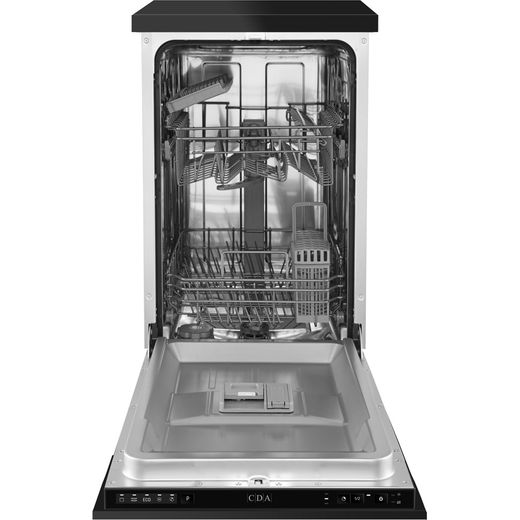 CDA Integrated Slimline Dishwasher - Black Control Panel - Door open front shot