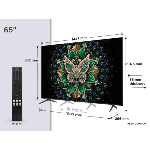 TCL C6K 65" 4K Ultra HD QLED Smart Google TV [2025] - 65C6K-UK - Dimensions