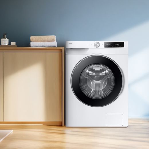 Samsung Series 6+ AI Energy AutoDose™ WW90DG6U85LEU1 9kg WiFi Connected Washing Machine with 1400 rpm - White - Washing machine in laundry room