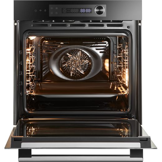 Midea Xpress Fry MBO7NM30E4-BK Wifi Connected Built In Electric Single Oven - Black - front with door open shot 