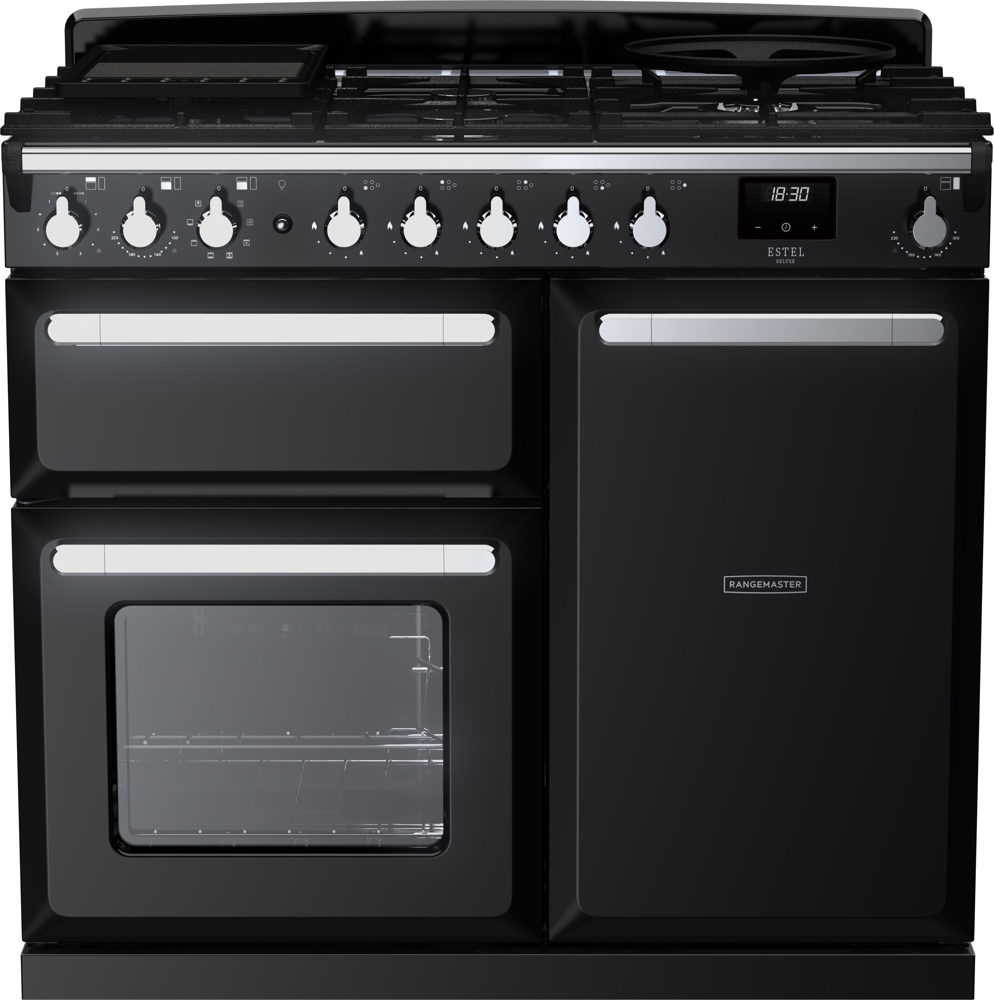 Image of Rangemaster Estel Deluxe ESDL100DFPGBL/CM1 100cm wide Dual Fuel Range Cooker with Gas Hob - Black / Chrome - A/A Rated, Black