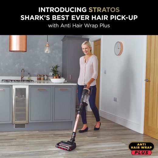 Shark Stratos with Anti-Hair Wrap Plus & Clean Sense IQ IZ400UK Cordless Vacuum Cleaner with up to 60 Minutes Run Time - Grey / Rose Gold - Stratos hair pick up