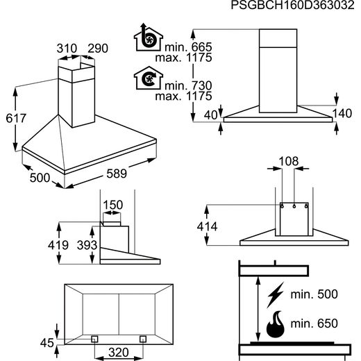 AEG DKB5660HM 60 cm Chimney Cooker Hood - Stainless Steel - Annotation - Dimension shot