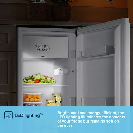 Fridgemaster MUR4894E Compact 84cm Fridge with Ice Box - White - Annotation - LED light shot