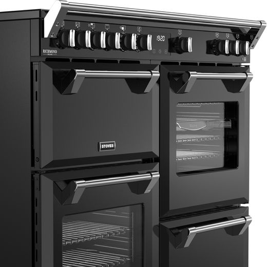Stoves Richmond Deluxe 100Ei RTY 100cm Electric Range Cooker with Induction Hob - Black - Close up right perpsective shot