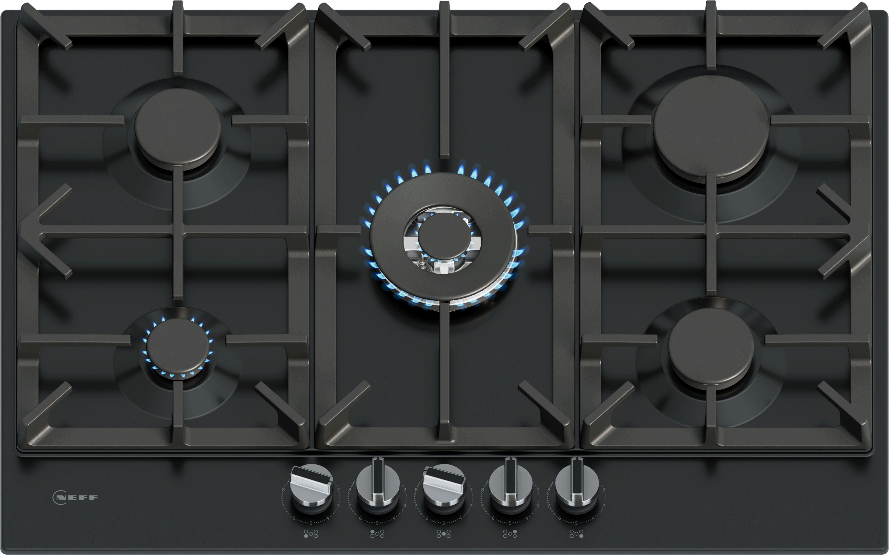 NEFF 5-Burner Gas Hob - Black - Cast Iron Pan Supports - FlameSelect®