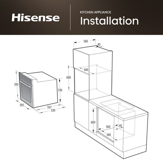 Hisense Built In Electric Single Oven - Black - Annotation - Dimensions