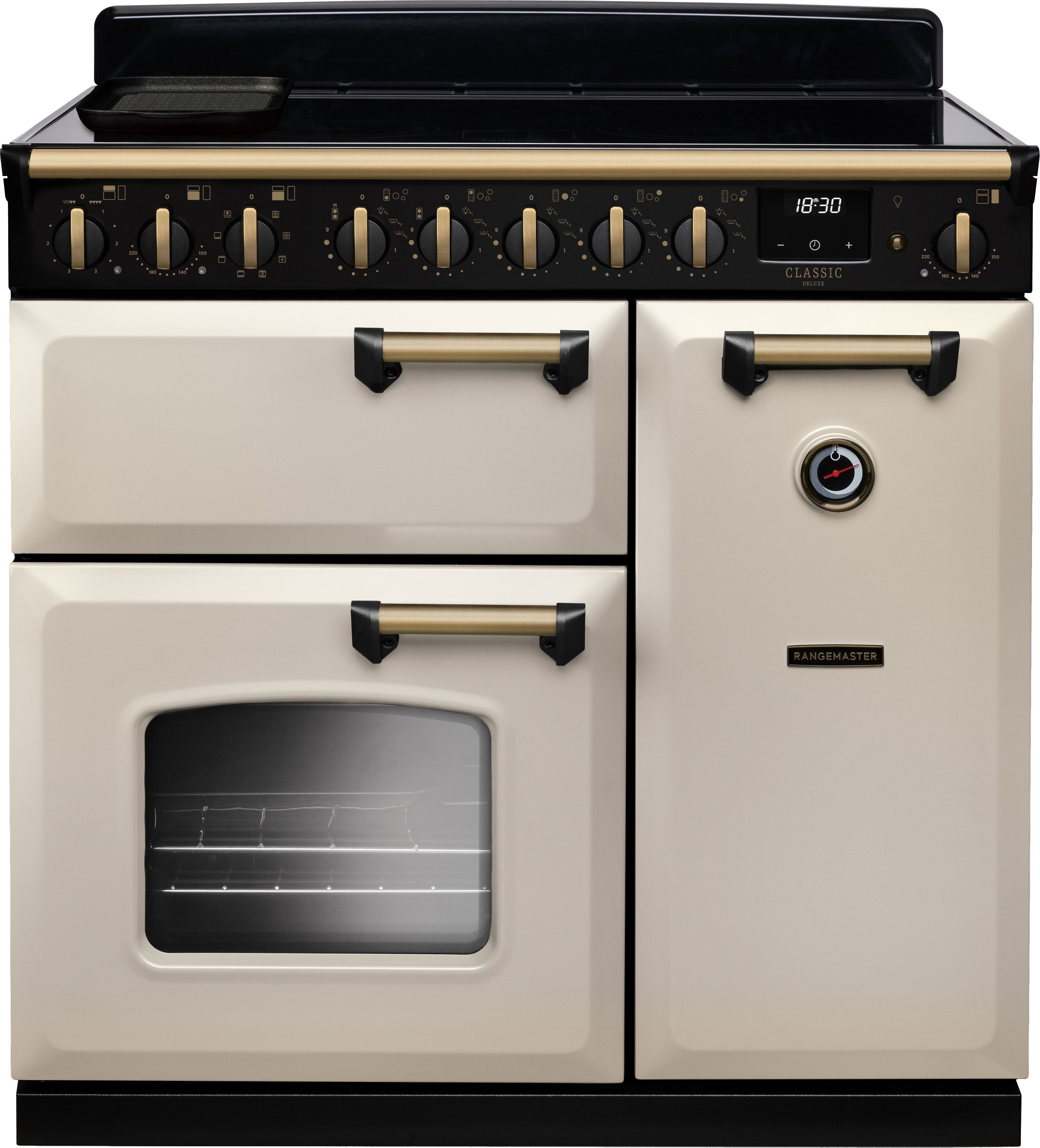 Image of Rangemaster Classic Deluxe CLDL90EIPPCR/AB1 90cm wide Electric Range Cooker with Induction Hob - Cream / Antique Brass - A/A Rated, Cream