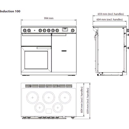 Rangemaster Estel Deluxe Electric Range Cooker with Zone induction hob Hob - Black / Chrome - Annotation - Dimension shot