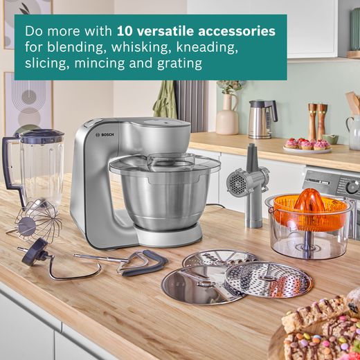 Bosch CreationLine 7 in 1 MUM59340GB Stand Mixer with 3.9 Litre Bowl - Silver - Annotation - 10 accessories shot