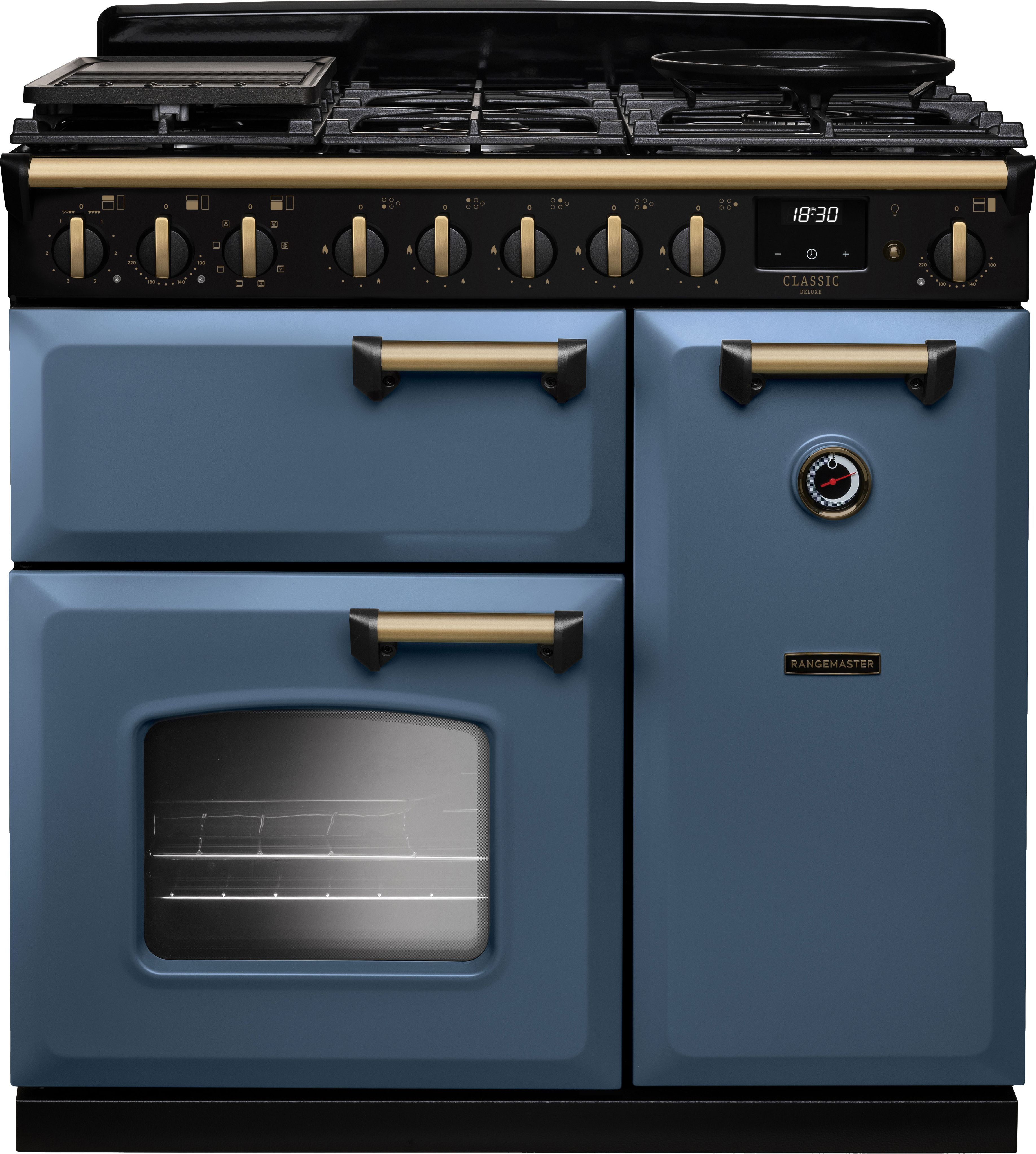 Image of Rangemaster Classic Deluxe 90 CLDL90DFPSTB/AB1 90cm wide Dual Fuel Range Cooker with Gas Hob - Stone Blue / Antique Brass - A Rated, Blue