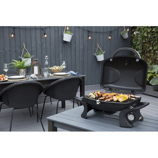 George Foreman Portable Gas Barbeque - Black - BBQ on table outside shot