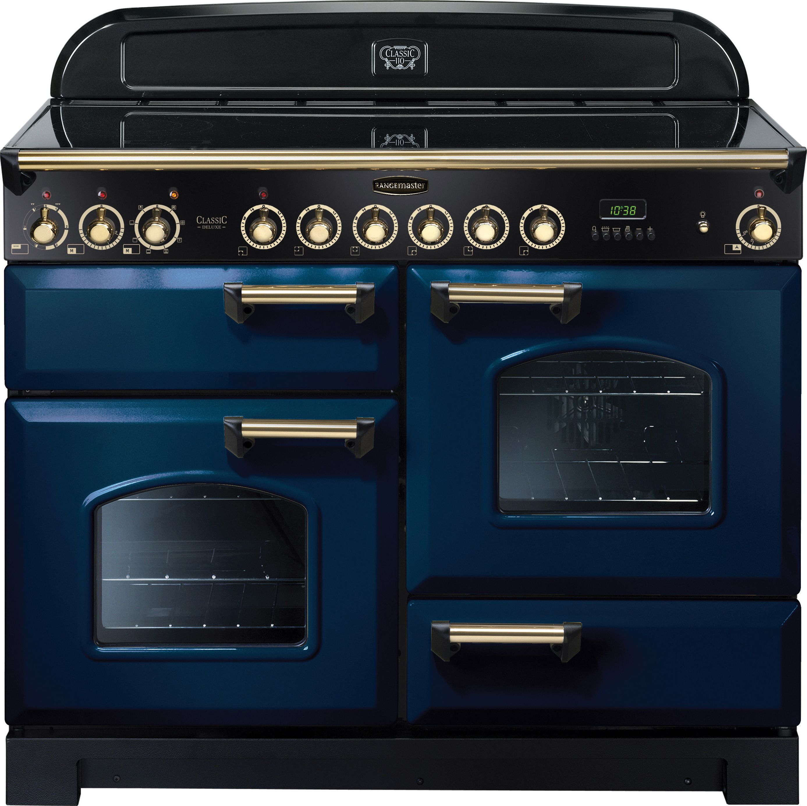 Rangemaster Classic Deluxe CDL110ECRB/B 110cm Electric Range Cooker with Ceramic Hob - Regal Blue / Brass - A/A Rated, Blue