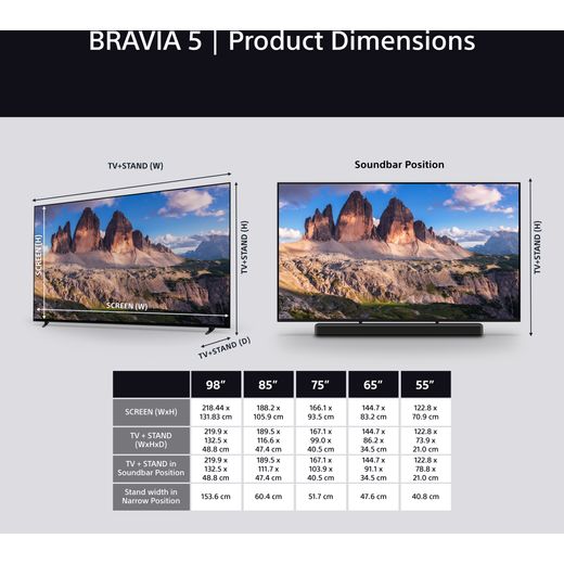 Sony BRAVIA 5 XR55B 75" 4K Ultra HD MiniLED Smart Android TV [2025] - Annotation - Dimensions