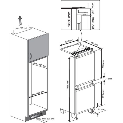 Beko HarvestFresh™ Integrated 50/50 Frost Free Fridge Freezer with Sliding Door Fixing Kit - White - Annotation - Dimension shot
