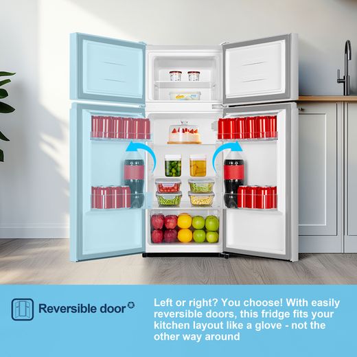 Fridgemaster MTM48120E 117cm 80/20 Small Fridge Freezer - White - Annotation - Reversible door shot