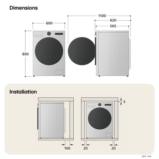 LG Series 4 Pro AI Direct Drive™ FWY706GBTN1 10Kg / 6Kg Washer Dryer with 1400 rpm - Slate Grey - Dimensions