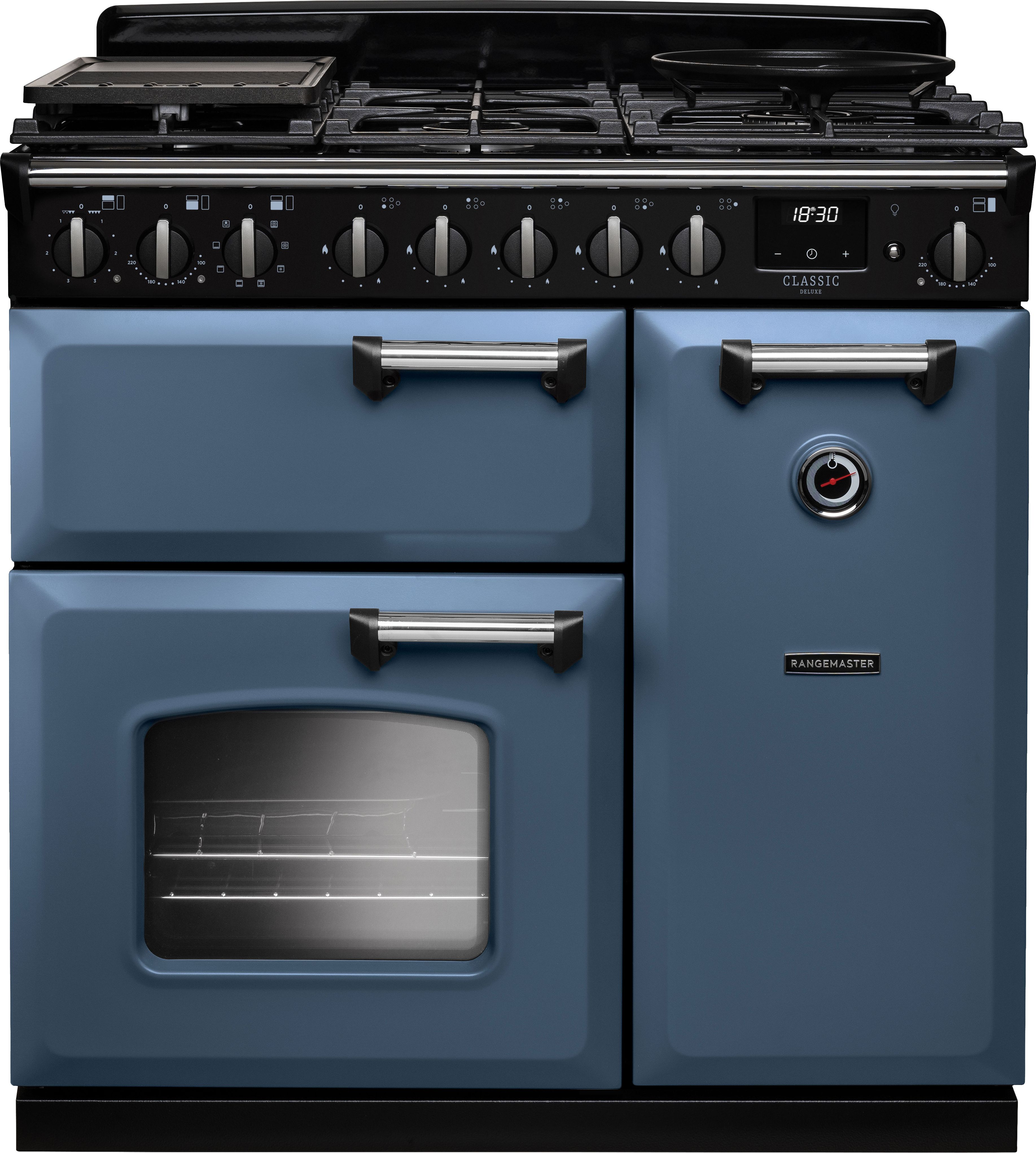 Image of Rangemaster Classic Deluxe CLDL90DFPSTB/CM1 90cm wide Dual Fuel Range Cooker with Gas Hob - Stone Blue / Chrome - A Rated, Blue