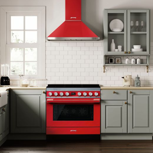 Smeg Portofino KPF9RD 90cm Chimney Cooker Hood - Red - Cooker hood in kitchen shot