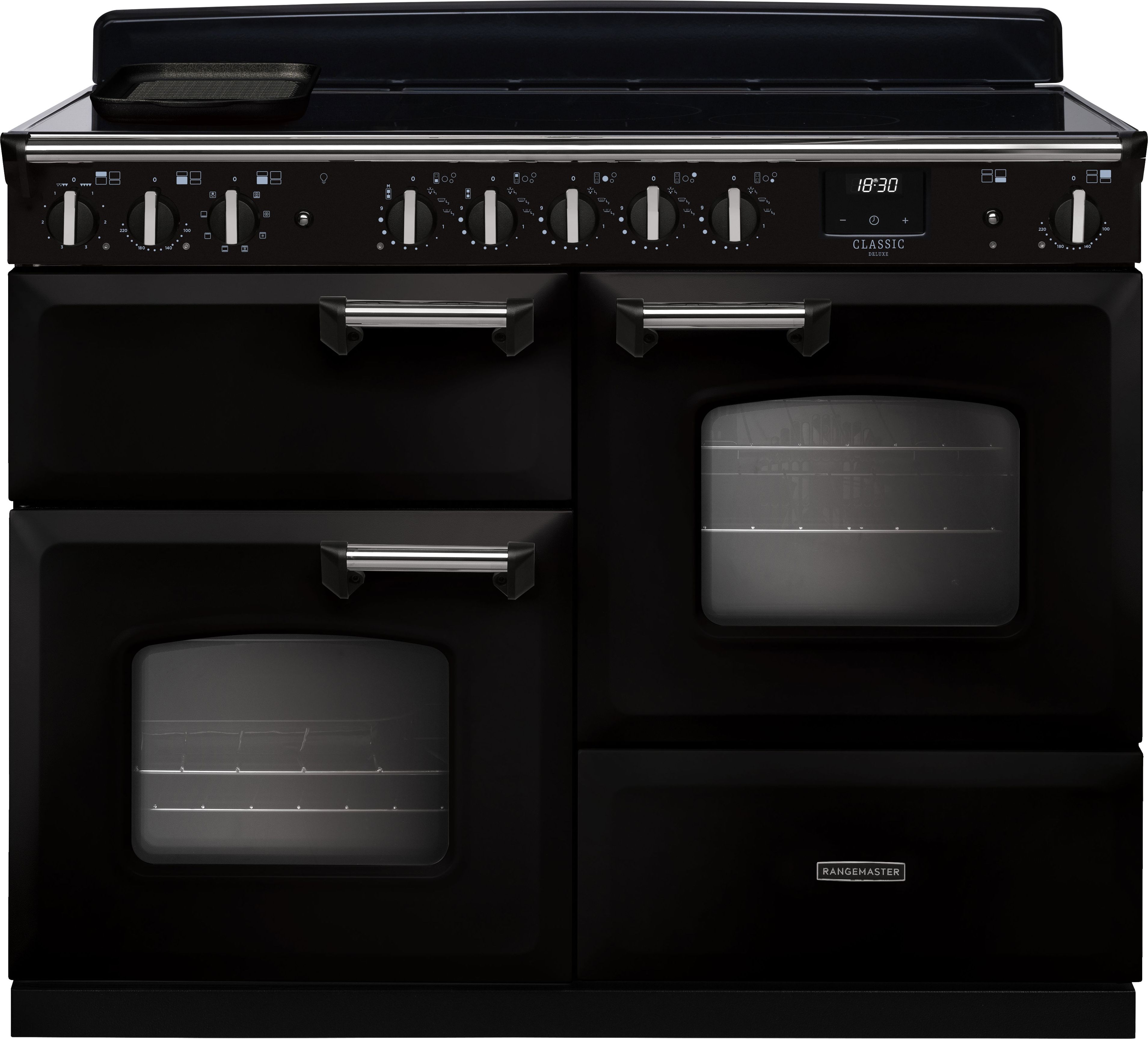 Image of Rangemaster Classic Deluxe OC CLDLO110EIPGBL/CM1 110cm wide Electric Range Cooker with Induction Hob - Black / Chrome - A/A Rated, Black