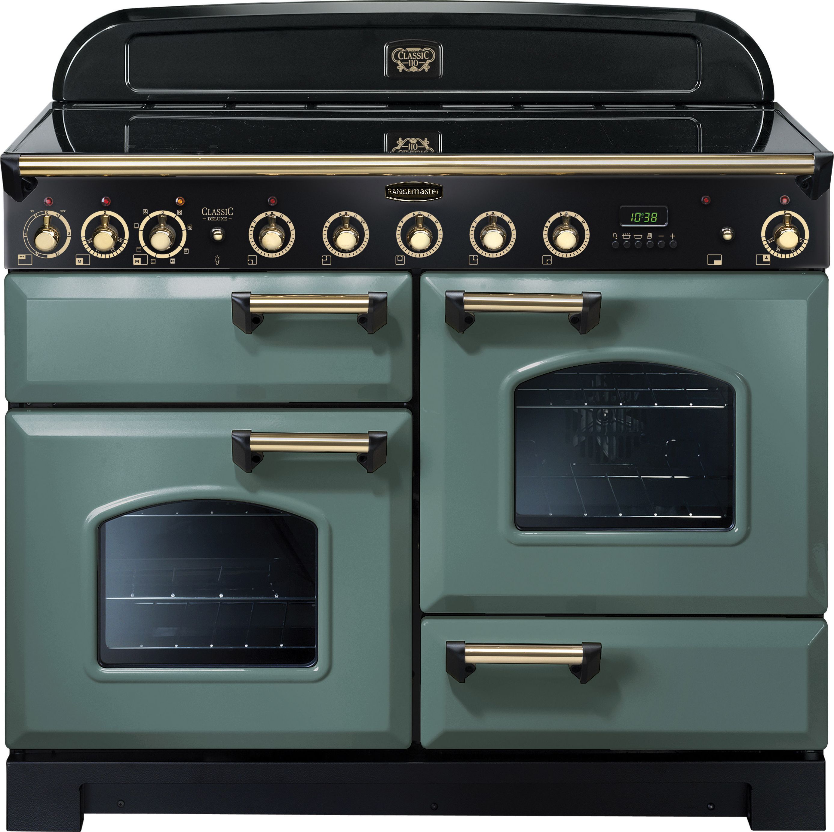 Rangemaster Classic Deluxe CDL110EIMG/B 110cm Electric Range Cooker with Induction Hob - Mineral Green / Brass - A/A Rated, Green