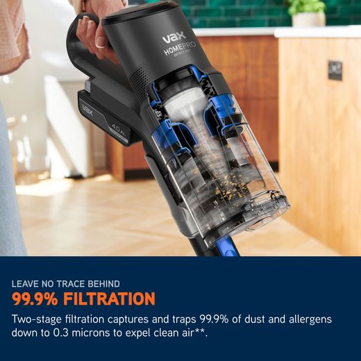 Vax HomePro Detect Pet Cordless Vacuum Cleaner with up to 45 Minutes Run Time - Blue / Graphite - Annotation - Filtration shot