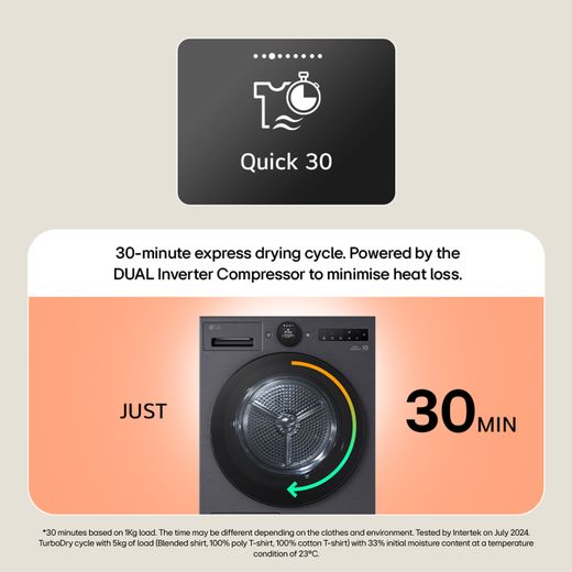 LG VX70 Series AI Dry RHX7009TBB Wifi Connected 9Kg Heat Pump Tumble Dryer - Black - Annotation - Quick 30