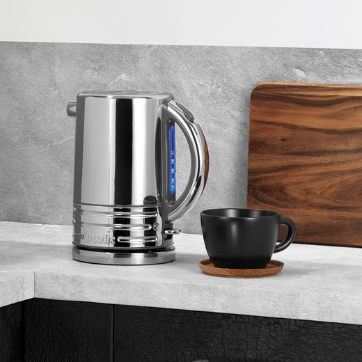 Dualit Architect 72926 Kettle - Stainless Steel / Grey - Kettle on worktop next to cup
