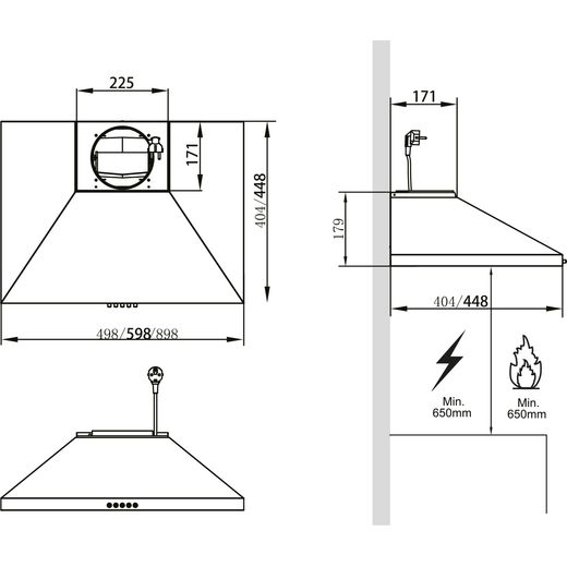 Russell Hobbs RH60SCH03A1SS 60cm Chimney Cooker Hood - Stainless Steel - dimensions