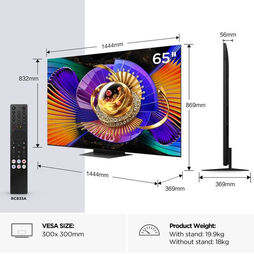 TCL 65" 4K Ultra HD SQD-Mini LED Smart Google TV [2026] - Dimensions