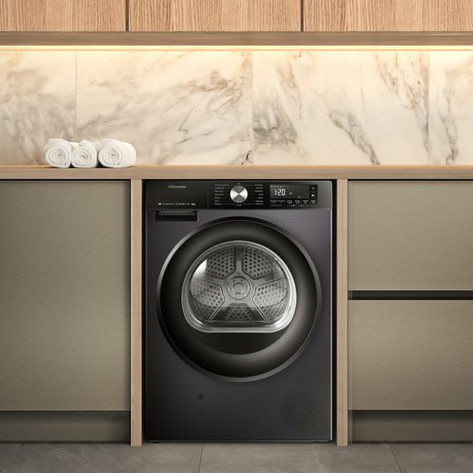 Hisense 3S Series DH3S802BB3 Wifi Connected 8Kg Heat Pump Tumble Dryer - Black - Tumble dryer in kitchen shot 