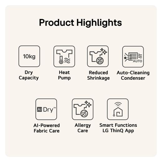 LG RHX5010THB Wifi Connected 10Kg Heat Pump Tumble Dryer - White - Annotation - Product highlights