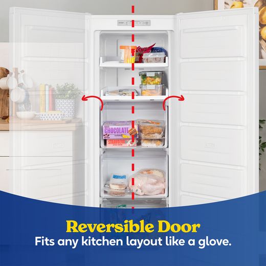Russell Hobbs RH143FFFZ542E1W 143cm Small Upright Freezer with Door-on-door Kit - White - Annotation - reversible door shot