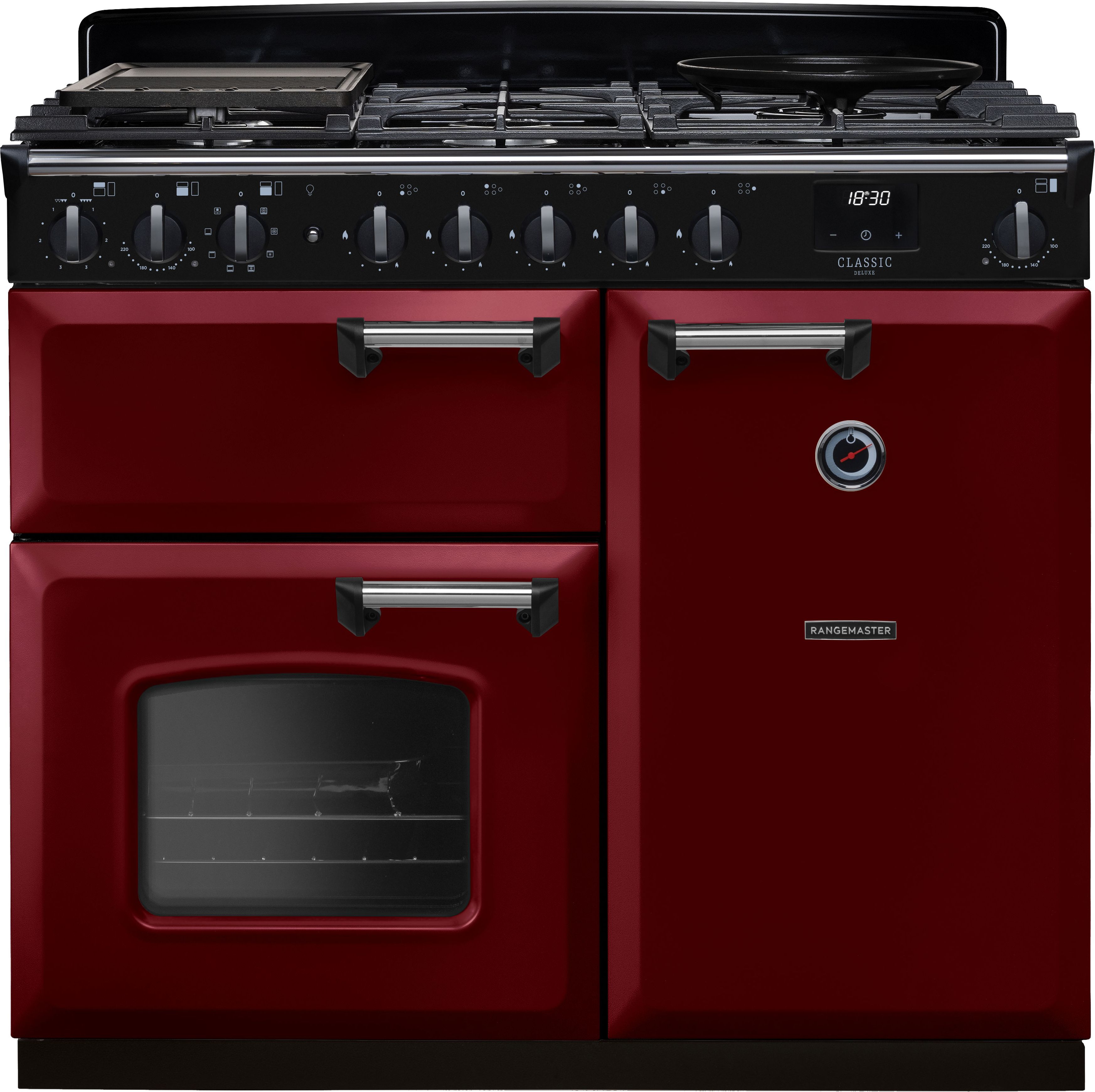 Image of Rangemaster Classic Deluxe 100 Dual Fuel CLDL100DFPBOR/CM1 100cm wide Dual Fuel Range Cooker with Gas Hob - Bordeaux / Chrome - A/A Rated, Red