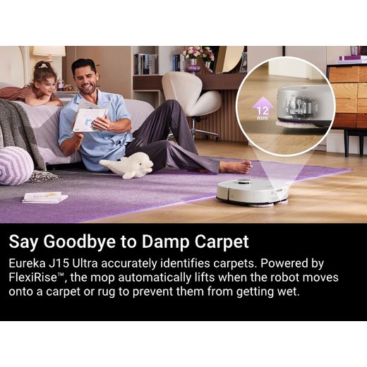 Eureka J15 Robotic Vacuum Cleaner - White damp carpet shot 