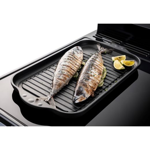 Rangemaster Classic Deluxe OC CLDLO110EIPMGR/AB1 110cm Electric Range Cooker with Induction Hob - Mineral Green / Antique Brass - Food cooking on grill shot