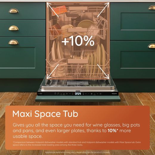 Hotpoint Fully Integrated Standard Dishwasher - White with Fixed Door Hinge Kit - Annotation - Maxi space tub