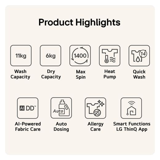 LG Series 10 WHX9516TBC Wifi Connected 11Kg / 6Kg Heat Pump Washer Dryer with 1400 rpm - Black - Annotation - Product highlights