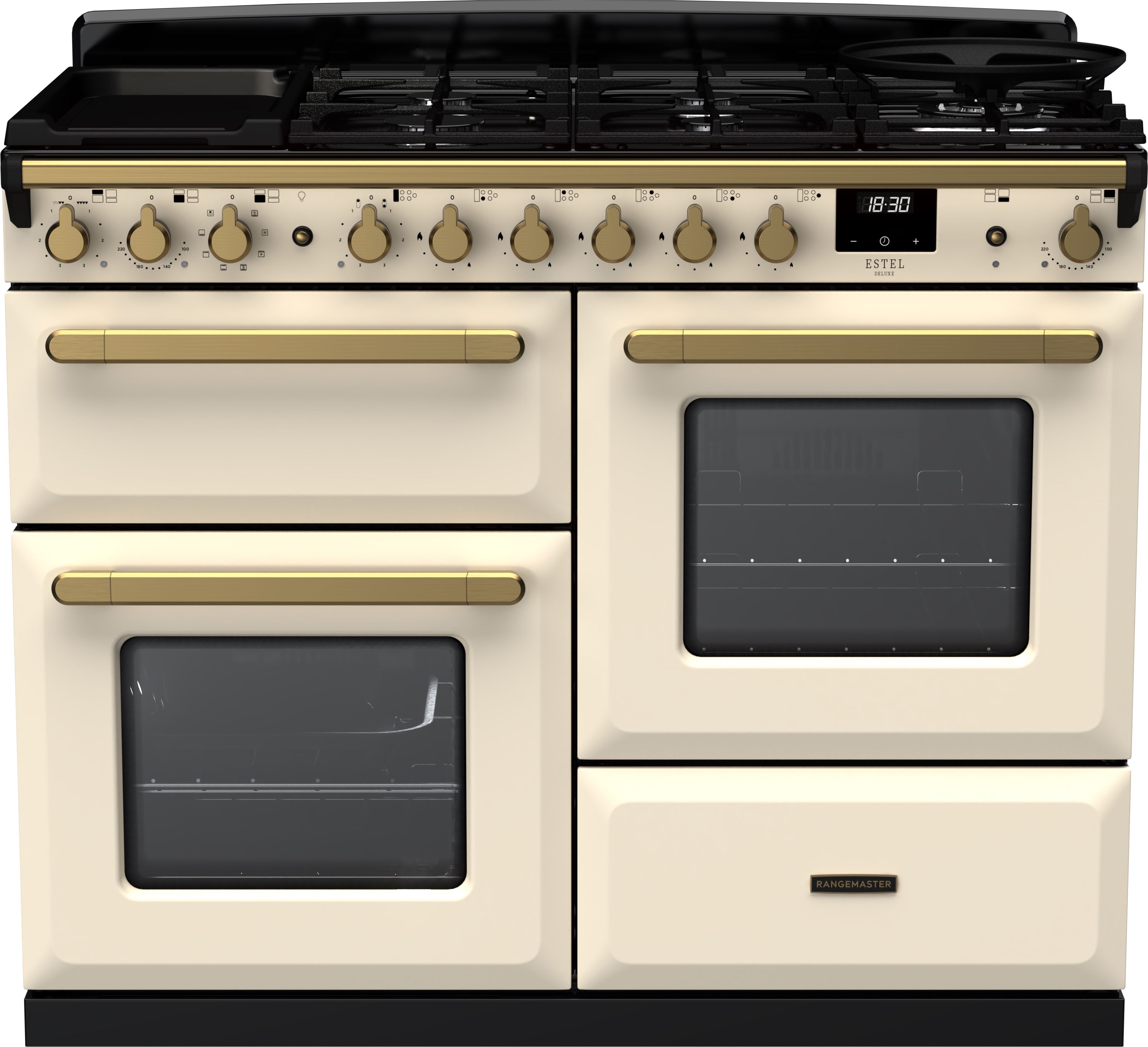 Image of Rangemaster Estel Deluxe ESDLO110DFPPCR/AB1 110cm wide Dual Fuel Range Cooker with Gas Hob - Cream / Antique Brass - A/A Rated, Cream