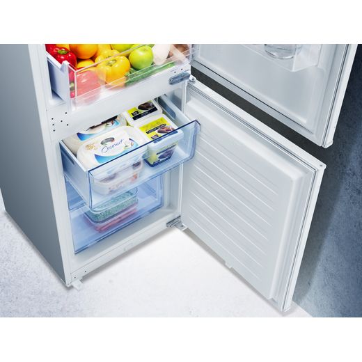 Hisense Integrated 70/30 Frost Free Fridge Freezer - White - Freezer door open in kitchen shot