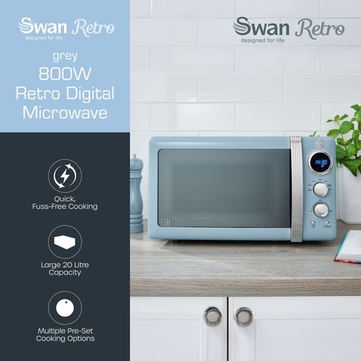 Swan Retro SM22030LBLN 20 Litre 26cm High, Freestanding Small Standard Microwave Oven - Blue - Annotation - feature shot